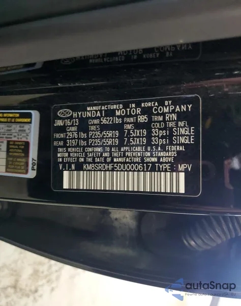 2013 Hyundai Santa Fe Limited z USA, uszkodzony, nr VIN KM8SRDHF5DU000617